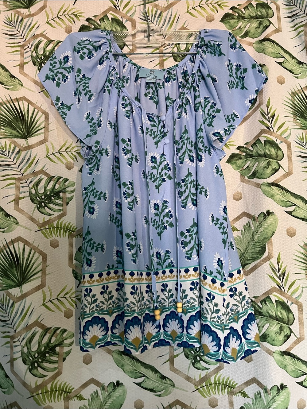 CeCe Sky Blue Floral Border Peasant Top